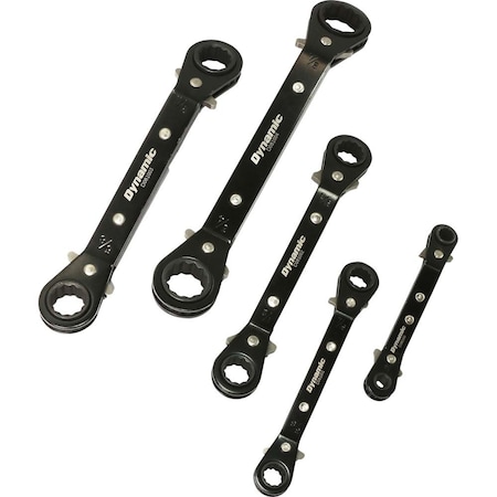 Dynamic 5Pcs SAE Dbl Box End, Reversible Ratcheting Wrench Set, 25 Degree Offset D081201